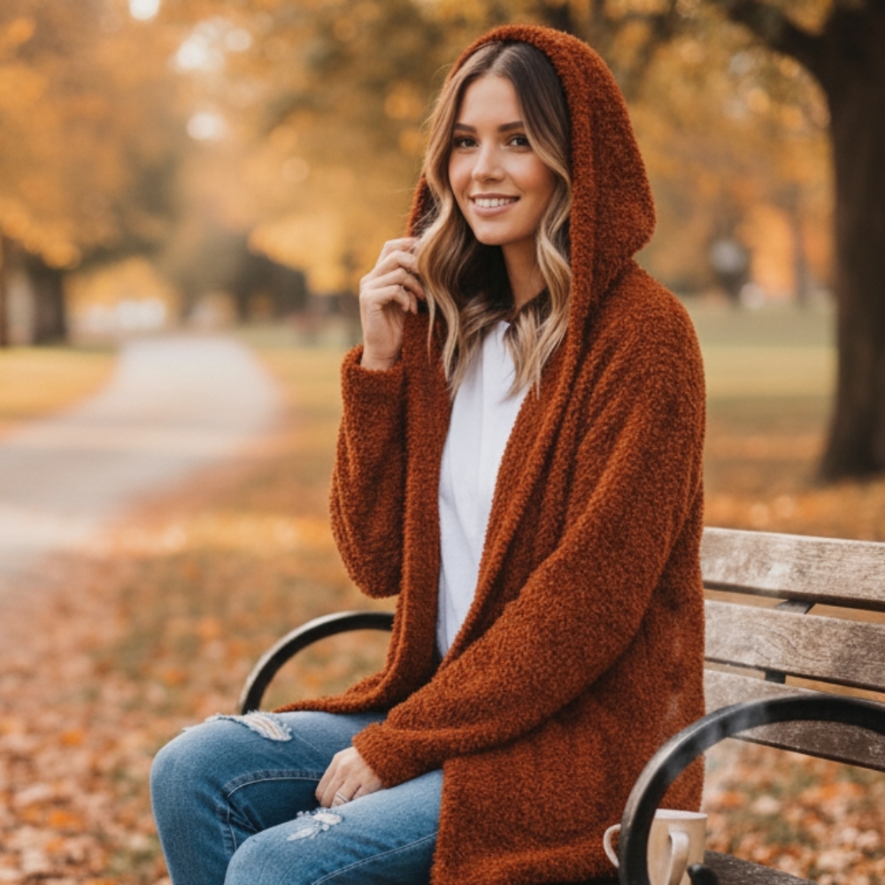Cozy Rust Hooded Cardigan Sweater By Cleo Women's Size Medium Soft Fuzzy Sweater